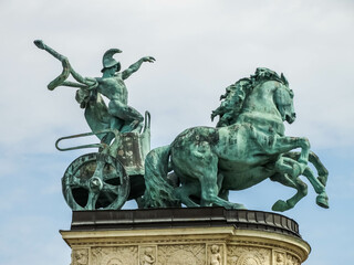Fototapeta premium Budapest. The equestrian statues depict chieftains who conquered the Pannonian Plain under the leadership of Prince Árpád. The statues symbolize War, Peace, Work and Prosperity, Knowledge and Glory. 