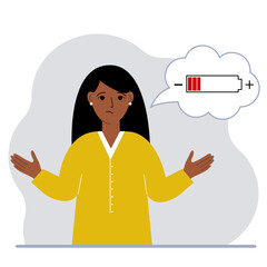 Conceptual illustration of low battery. Sad woman thinks about charging.