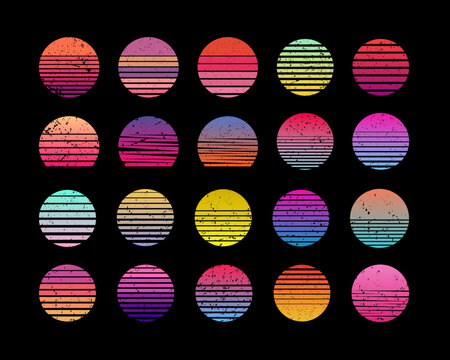 Vintage sunset collection. Regular and distressed retro sunset set. Five options with textured versions. Circular gradient background. T shirt design element.
