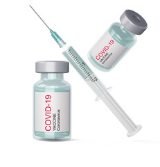 Covid-19 vaccine bottle with syring, coronavirus vaccine, 3d rendering illustration