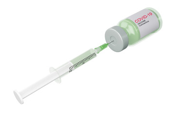 Covid-19 vaccine bottle with syring, coronavirus vaccine, 3d rendering illustration