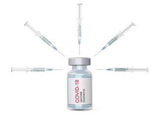 Covid-19 vaccine bottle with syring, coronavirus vaccine, 3d rendering illustration - obrazy, fototapety, plakaty