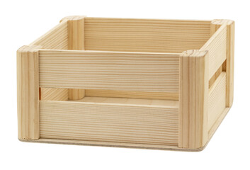 Wooden box for storing and transporting products on a white isolated background