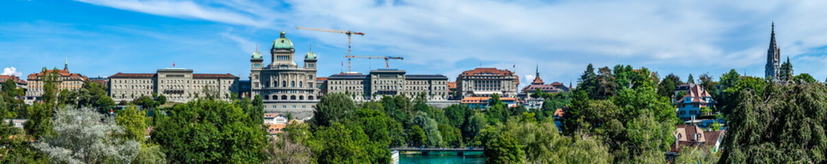 BERN, SWITZERLAND - August 2nd 2022: The Swiss government building Bundeshaus or Federal Palace of Switzerland, headquarter one of the oldest democracies in the world, Berne, capital city of Switzerla