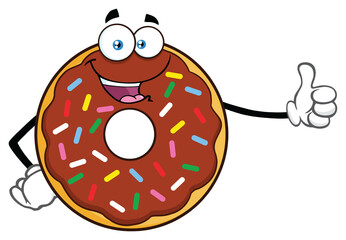  Chocolate Donut Cartoon Mascot Character With Sprinkles Giving A Thumb Up. Hand Drawn Illustration Isolated On Transparent Background