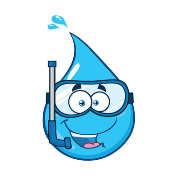  Cute Blue Water Drop Cartoon Mascot Character With Snorkel. Hand Drawn Illustration Isolated On Transparent Background