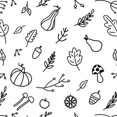 The autumn pattern consists of autumn elements drawn with a thin black line. Vector illustration