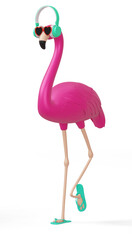 Flamingo with headphone, summer season, 3d rendering - obrazy, fototapety, plakaty