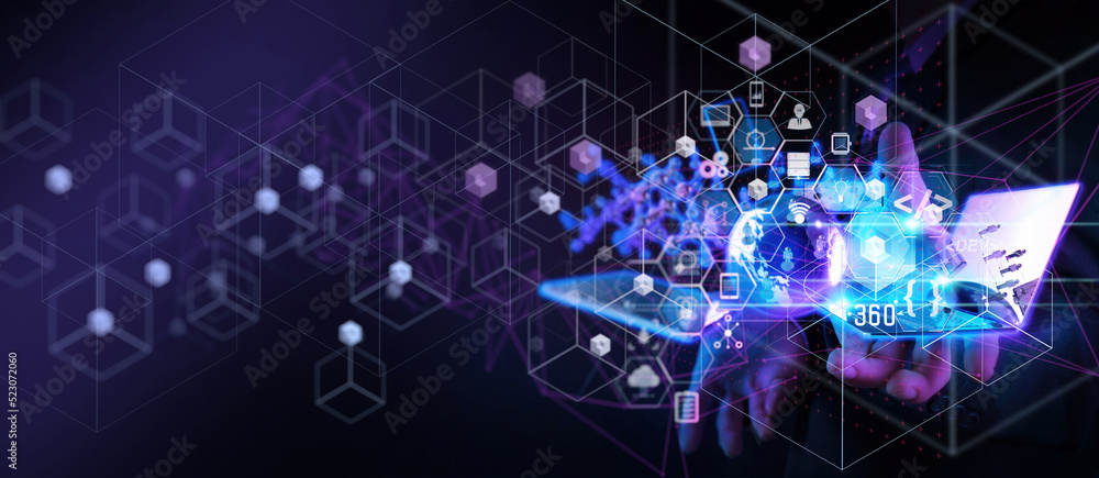 Poster metaverse digital cyber world technology concept businessman success working with his team as concep