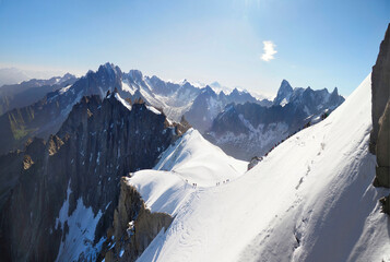 Panorama of Tethered Climbers on Snow Covered Mont Blanc in French Alps near Chamonix, France