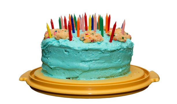 Blue frosted colorful birthday cake with a transparent background