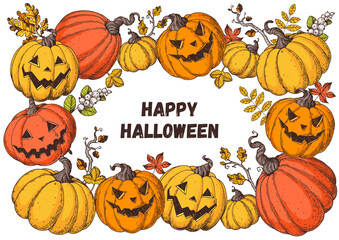 Halloween Pumpkin frame illustration. Hand drawn vector illustration. Jack o Lantern. Vintage design for the holiday Halloween. Design elements