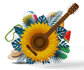 Guitar sunflower with summer accessory, summer season, 3d rendering