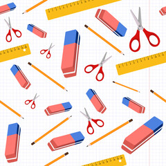 Back to school seamless pattern. Concept of school background. Vector. Education, science concept. Banner. First day of school, pencils, eraser, ruler, scissors and supplies on checkered notebook.