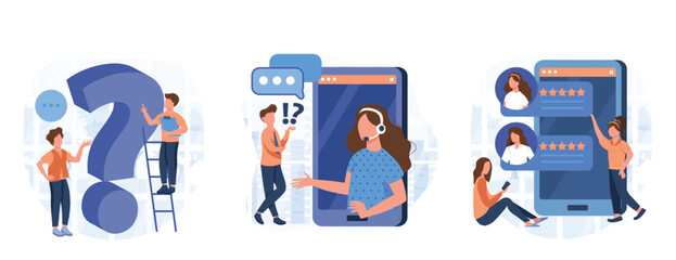 Customer support illustration set. Characters asking a questions, receiving answers from helpdesk operator, sharing user experience and giving customer feedback. Vector illustration.