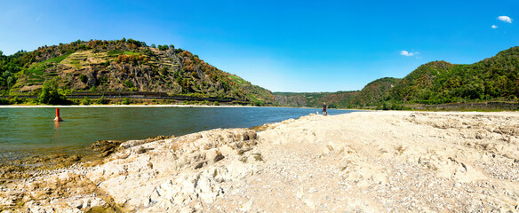 Drought in Germany. Low water of the Rhine by Kaub, Rhineland-Palatinate