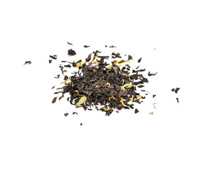 tea leaves with different flavors on white background