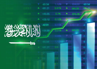 Economic growth in Saudi Arabia.Saudi Arabia's stock market.Saudi Arabian flag with charts,growth arrow