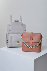 Collection of stylish women`s bags on white background
