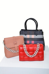 Collection of stylish women`s bags on white background
