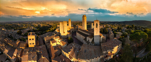 San Gimignano - one of the most beautiful medieval towns in Tuscany, Italy.  aerial view of towers...