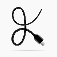 K logo made of type c cable. Vector isolated font for digital design, template, application logo etc.