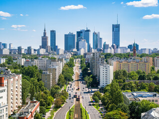Skyscrapers in city center, Warsaw aerial landscape under blue sky - obrazy, fototapety, plakaty