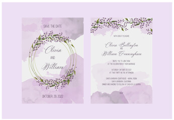 Rustic wedding invitation. frame, wreath - cards with green leaf and Purple flowers and watercolor. Wedding ornament concept. Floral poster, invite. invitation design background, birthday party.