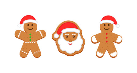 Two gingerbread man and Santa. Classic Christmas cookies. Xmas biscuit isolated on white background. Noel holiday sweet dessert. Cute ginger bread characters in flat design. Vector illustration.