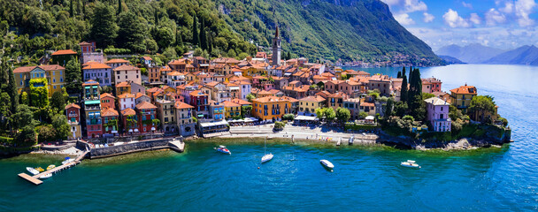 One of the most beautiful lakes of Italy - Lago di Como. aerial panoramic view of beautiful Varenna...