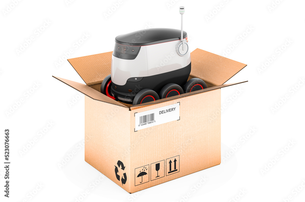 Aufkleber autonomous robot inside cardboard box, delivery concept. 3d rendering