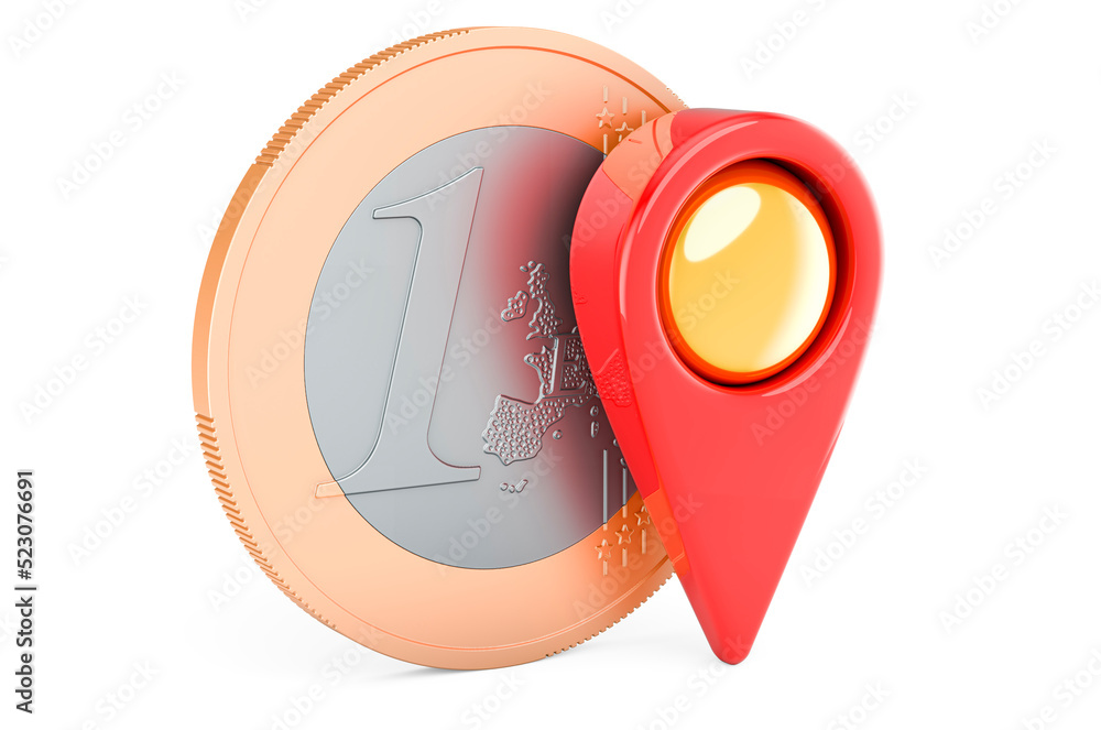 Poster euro coin with map pointer. 3d rendering