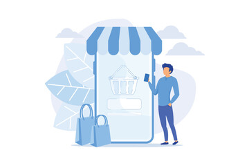 Digital marketplace application. Remote business. E commerce, internet store, mobile market. Customer using smartphone cartoon character. Vector illustration