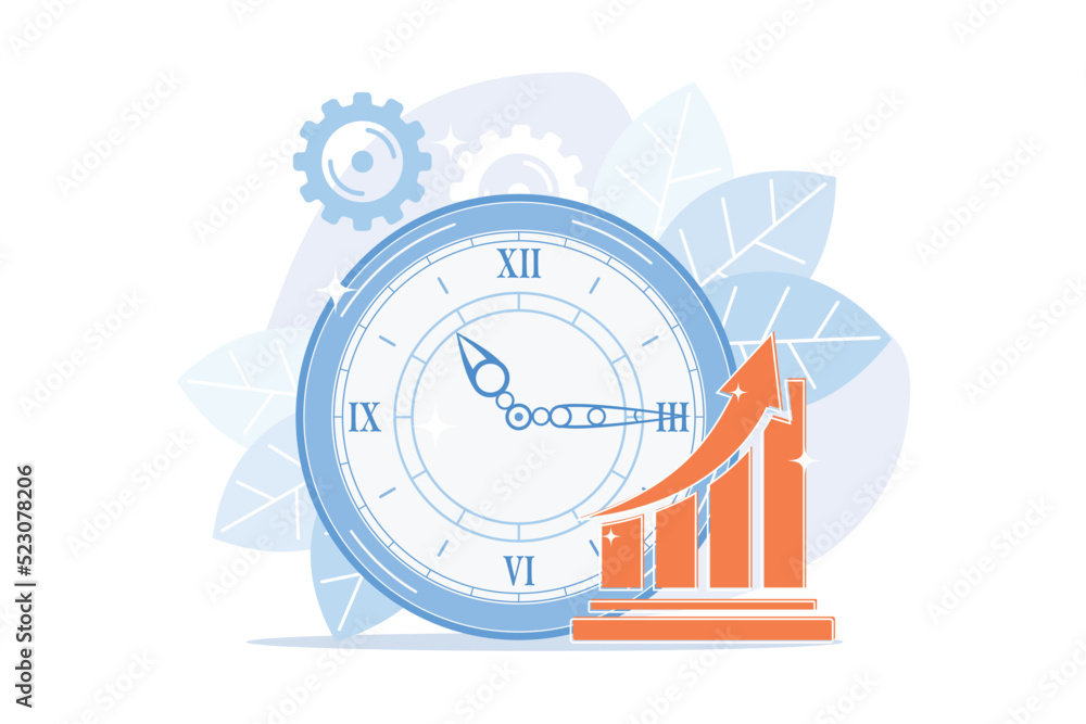 Poster clock and increasing chart. workflow productivity increase, work performance optimization, efficienc