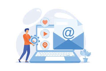 Electronic mail. Receiving and sending e mails. Exchanging messages by electronic device. Internet connection, communication, correspondence. Vector illustration