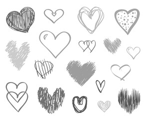 Hand drawn grunge hearts on isolated white background. Set of love signs. Unique image for design. Line art creation. Black and white illustration. Elements for poster or flyer