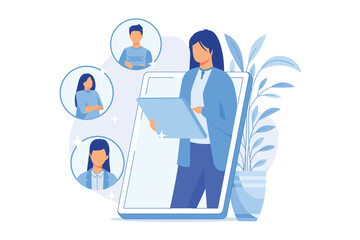 Social network. Online dating service, chatting, internet communication. Girl cartoon character looking at profiles with photo on social media. Vector illustration
