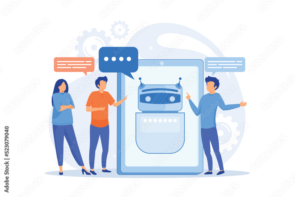 Poster business people communicate with chatbot application. chatbot artificial intelligence, talkbots serv
