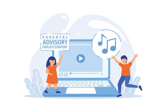 Children At Laptop Listening To Music With Parental Advisory Label Warning. Parental Advisory, Explicit Content, Kids Warning Label Concept. Vector Illustration