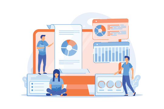 Business Analysts Performing Idea Management On Computer Screen. Innovation Management Software, Brainstorming Tools, Inovation IT Control Concept. Vector Illustration