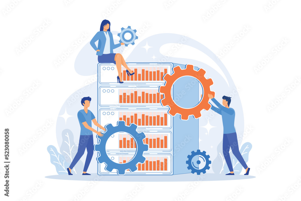 Poster server hardware maintenance. teamwork fixing gear. data storage, ethernet cluster, datacenter system