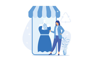 Eco friendly clothing brand. Recycling tag, plastic free apparel, ecological garment. Female fashion. Woman buying natural material clothes. Vector illustration