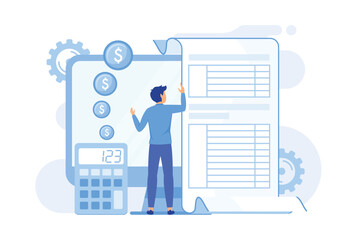 Electronic documentation. Man with registration. Checking repository log. Online approval, screen form, validation page. Expense chronicles. Vector illustration