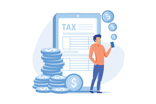 ariff repay. Compensate for online services. Duty, task overlook, remuneration. Imputed cost and overtaxing. Man standing with phone in hands. Vector illustration