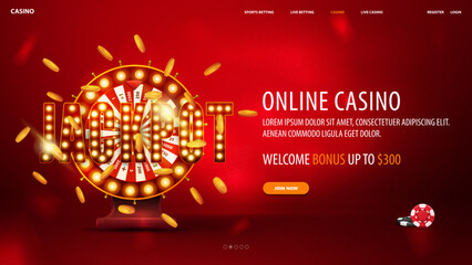 Red banner with shining red Casino Wheel Fortune with falling gold coins on a bright red background.