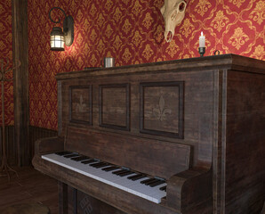 Fototapeta na wymiar colose up in the piano on the west saloon cinematic view