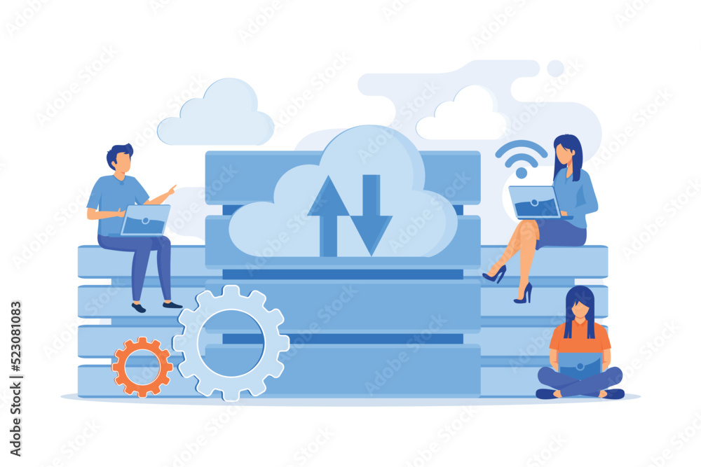 Poster users with laptops working with database. data storage and organization, information access and mana