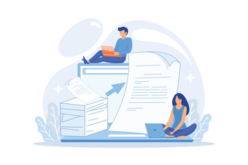 Specialists work with laptop digital data, tiny people. Digital transformation, digital solution development vector illustration