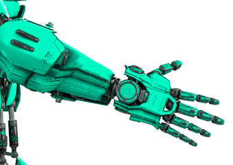 close up on the hand of the mega robot in white background