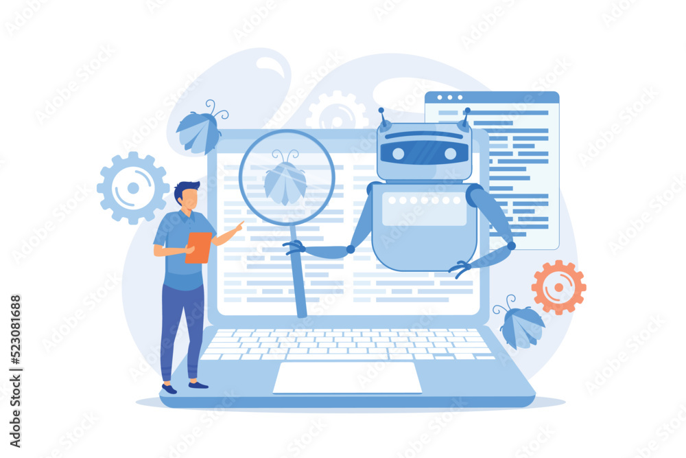 Poster controller reading regulations to robot. artificial intelligence regulations, limitations in ai deve